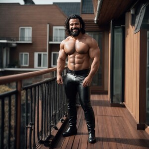 A beefy bodybuilder man hairy chest beard black hair, smiling, l...