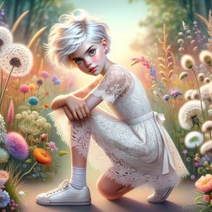 A bright whimsical portrait of a young child with platinum blond...