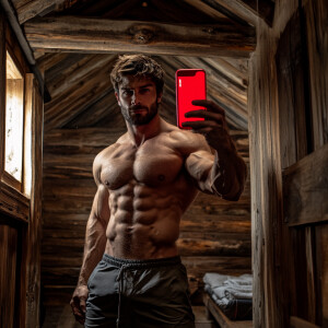 The image portrays a muscular man taking a selfie in what appear...