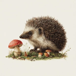 Hedgehog with mushroom, vintage, white background