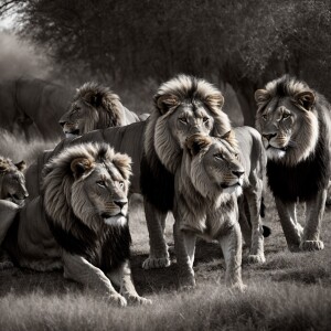 Create a black and white image of a pride of lions, emphasizing...