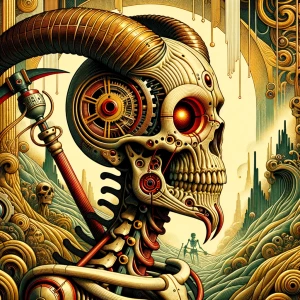 A biomechanical skull with a scythe-like horn curving forward, g...