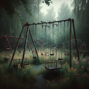 An abandoned playground covered with rust and grass