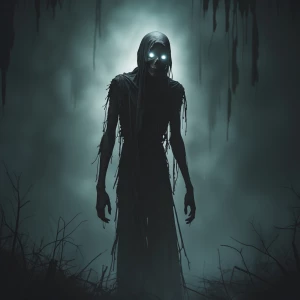 Imagine an eerie figure emerging from the shadows, silhouetted a...
