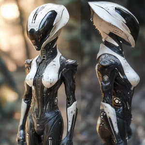 Create an image of a female alien action figure with a sleek des...