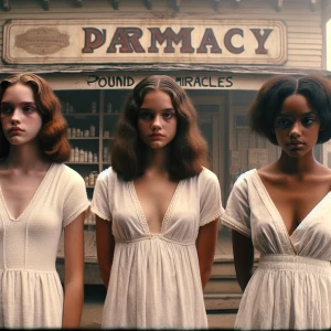 Create a color film photograph from 1962 of three beautiful, ext...