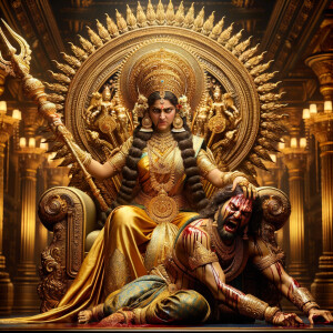 portrait of angry looking goddess durga sitting on a gold crown and carrying a weak mahishasur on her lap and stabbing him with her amazingly designed trident. She is wearing gold armor, a huge gold crown, gold saree, abundant  gold jewelry, covered in blood. The scene is set in ancient India. The image is 8K resolution, cinematic, ultra detailed face and epic.