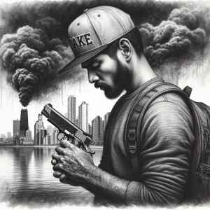 Create a detailed charcoal-style illustration of a solemn man wi...