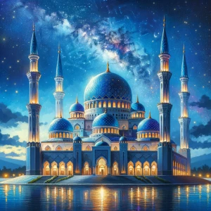 Depict a stunning mosque with gleaming blue domes, illuminated u...