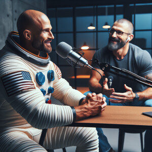 Joe Rogan wearing an astronaut suit talking to Dave Chappell in...