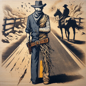 An old west cowboy standing in the middle of the road, in the m...
