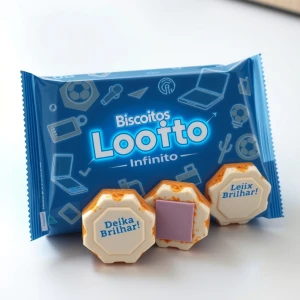 Imagem de um pacote de biscoitos moderna e futurista, nas cores...