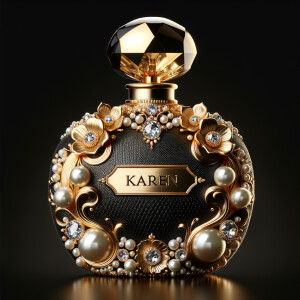 Design a fancy, black and gold bottle of perfume in the shape of a woman’s body. With a golden diamond top, flowers pearls and Diamonds in the name, Karen