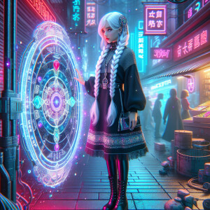 A beautiful girl with long white hair braided in two braids and...