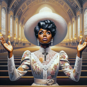 Render an airbrush oil painting of an African American woman with flawless makeup
kneeling at a church altar, her hands raised in a gesture of surrender to God. She's
dressed in stylish Sunday Best attire, with a particular focus on the delicate details of
her Church Hat. The background features a beautifully painted church interior, with the
oil paint texture enhancing the sacred atmosphere. The artwork should capture the
woman's devout expression, the elegance of her attire, and the spiritual ambiance of
the church setting, reflecting a moment of deep faith and devotion.