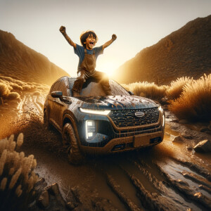 A boy,5year, with 2024 palisade suv laughing in mud on mountain...