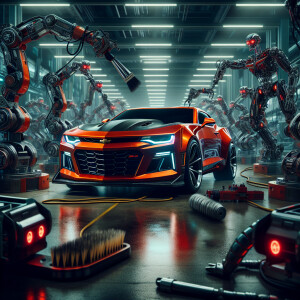 2020 performance Camaro, deep orange, in the workshop with termi...