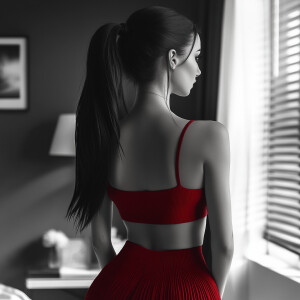 Capture the elegance of a fair-skinned woman with dark long hair...