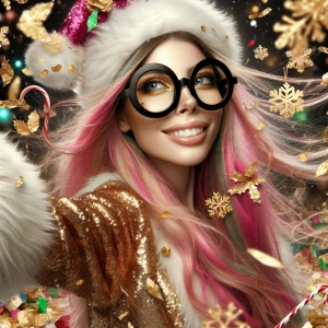 "Create a wide-angle image of a Caucasian woman with long pink h...