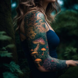 Design a full-sleeve tattoo for the left arm, inspired by "Alice...