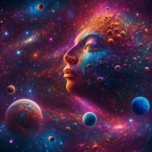 Create a highly detailed 8K UHD image of 3D cosmic faces emergin...