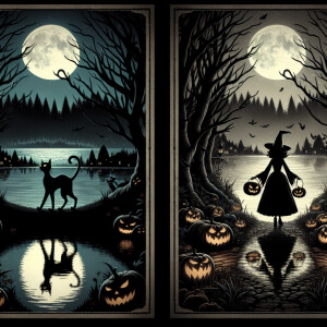 A vintage dark halloween night scene of a witch and black cat wa...