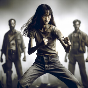 Skinny and thin Asian teen girl wearing skin tight jeans that are worn and frayed, long hair and bangs heroic ready to fight stance