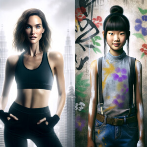 Athletic Thin skinny Attractive, Asian teenage girl, long brown hair and bangs, wearing tight skinny jeans and a halter top paint marks on her clothing, heroic pose Asian graffiti background, side view