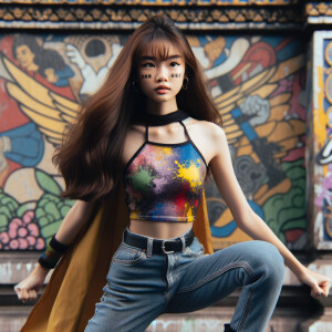 teenage girl, long brown hair and bangs, wearing tight skinny jeans and a halter top paint marks on her clothing, heroic pose Asian graffiti background, nearing on one knee