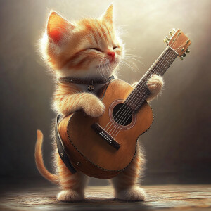 Oranye kitten playing guitar