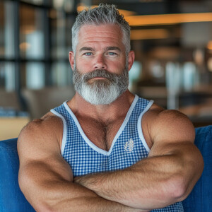 The image shows a white man with a beard , gray haired muscular...