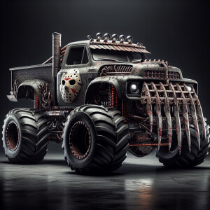 Design a monster truck influenced by Jason Voorhees, featuring t...