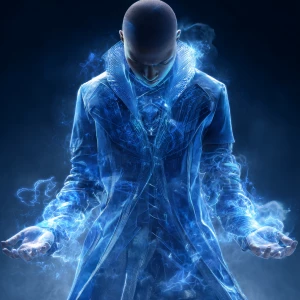 A powerful superhero character in a futuristic outfit, wearing a...