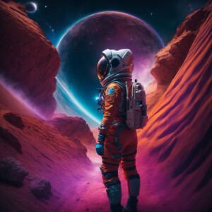 a girl in astronaut suit, journey to the center of the galaxy