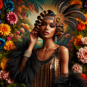 Picture a light-skinned African-American woman with striking Hawaiian features, immersed in the roaring 1920s. She's a dazzling flapper, her lively spirit captured in her attire and poise. She wears a shimmering black and gold flapper dress adorned with sequins and fringe that glisten with her every movement. Around her head, a matching headband sits gracefully, embellished with feathers and a jewel that echoes the opulence of the era. Her hair is styled in perfect finger waves, highlighting her alluring gaze and bold makeup typical of the 1920s—a smoky eye and dark, glossy lips. The background is a kaleidoscope of vibrant tropical flowers, creating a lush and vivacious scene that reflects her Hawaiian roots. Her entire demeanor is one of elegance and jubilance, a true celebration of her heritage and the exuberant era she embodies.