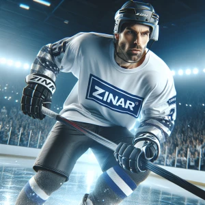 Create an advertisement featuring a male ice hockey player in  a...