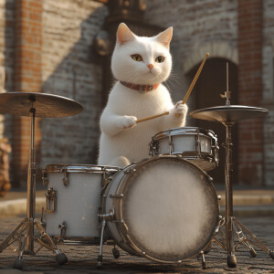 A white cat playing a drum set appropriately sized for a feline,...