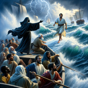 African-American Jesus telling Peter to come walk on the water,...