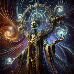 Create an image of an eerie, enchanted wormhole navigator with a...