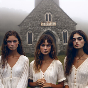 Create a color film photograph from 1962 of exactly three beauti...