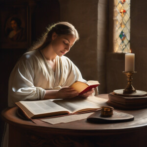 In a serene and peaceful room softly lit by natural light, a per...