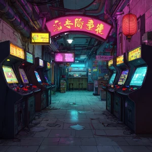 A vibrant neon-lit arcade hallway in a cyberpunk style, illustra...
