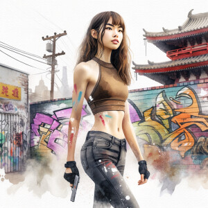 Athletic Thin skinny Attractive, Asian teenage girl, long brown hair and bangs, wearing tight skinny jeans and a halter top paint marks on her clothing, heroic pose Asian graffiti background, side view