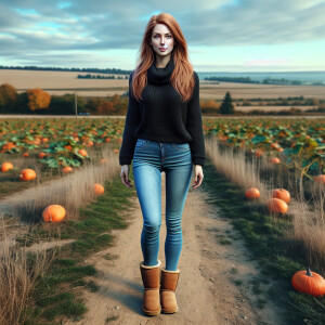 Create a photorealistic image of a woman with long ginger hair a...