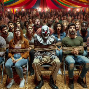 People tied to their chairs in the circus look at the scary clow...