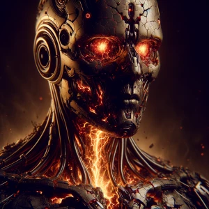A futuristic biomechanical humanoid with a cracked metallic face...