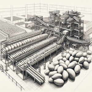 Create a detailed sketch of a very small mango packing plant in...