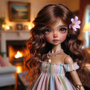 Create an image of a stylized, Latino brown skin doll-like girl seated in a cozy living room with a warm fireplace. She has voluminous, wavy hair cascading over her shoulders, tinted with shades of chestnut and mocha. Her large, expressive eyes are a deep brown, fringed with long, fluttery lashes. A delicate pink flower tucks behind one ear, complementing her youthful glow. She wears a pastel-striped summer dress with soft, flowing fabric that drapes elegantly over her small frame. Around her neck is a dainty necklace adorned with beads and a gentle sprinkle of gemstones reflecting subtle light. In her hand, she holds a pearly seashell as a charming accessory. Behind her, the living room is inviting, with plush furnishings, a mantelpiece adorned with family photos and trinkets, and a crackling fireplace that casts a comforting glow and dancing shadows around the room, enhancing the ambiance of a serene home setting