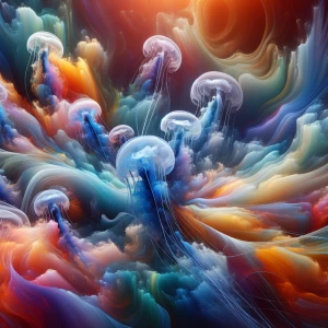 An artwork of jellyfish in the sea, featuring soft, flowing shap...