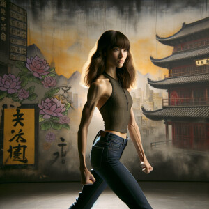 Athletic Thin skinny Attractive, Asian teenage girl, long brown hair and bangs, wearing tight skinny jeans and a halter top paint marks on her clothing, heroic pose Asian graffiti background, side view